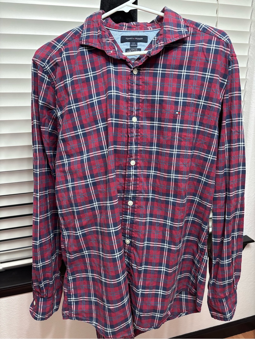 Tommy Hilfiger Red and Navy Plaid Casual Button-Down Shirt